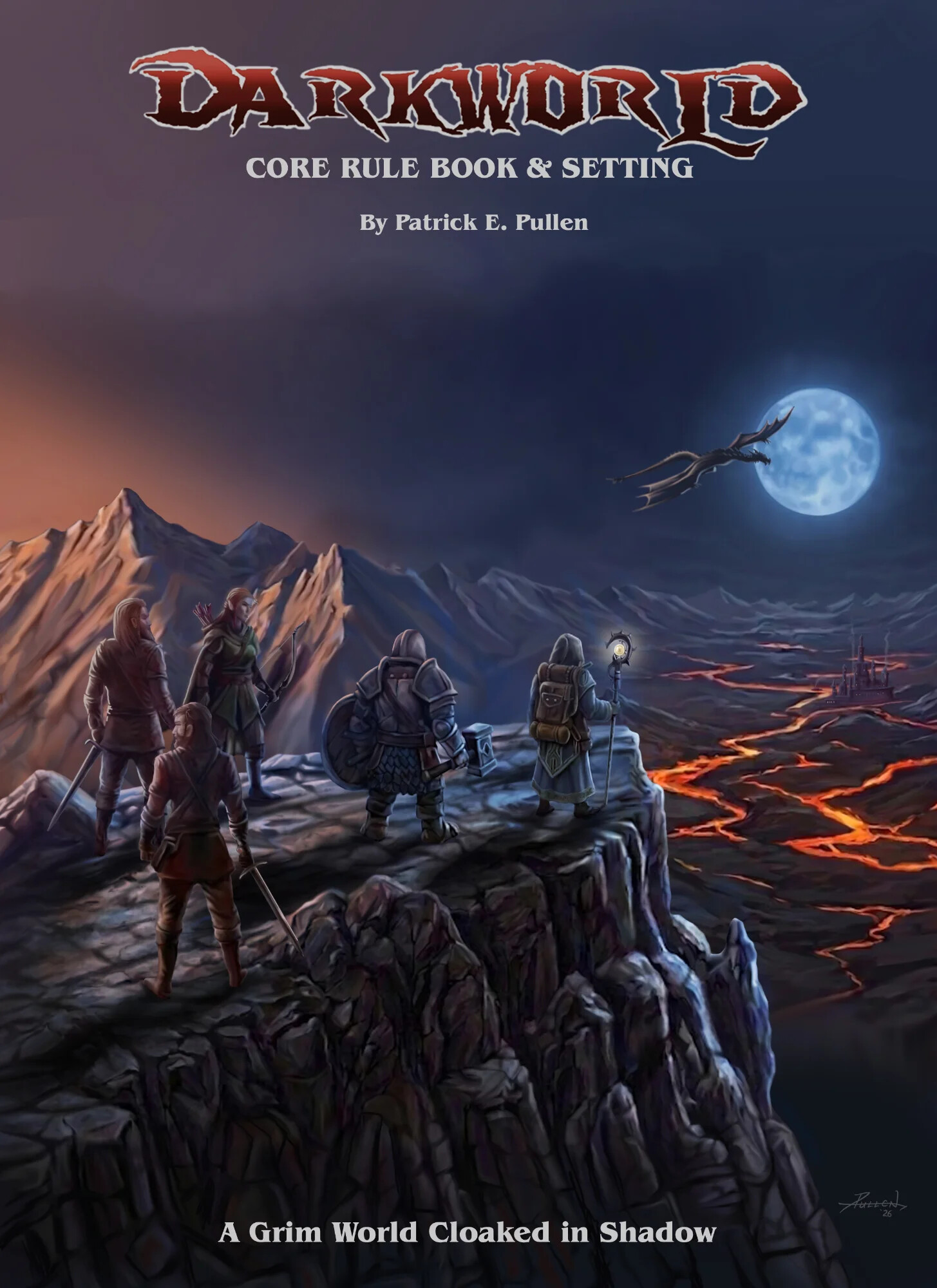 Darkworld Core Rule Book & Setting cover: a party of adventurers on a cliff above lava fields under a blue moon, a dragon in flight