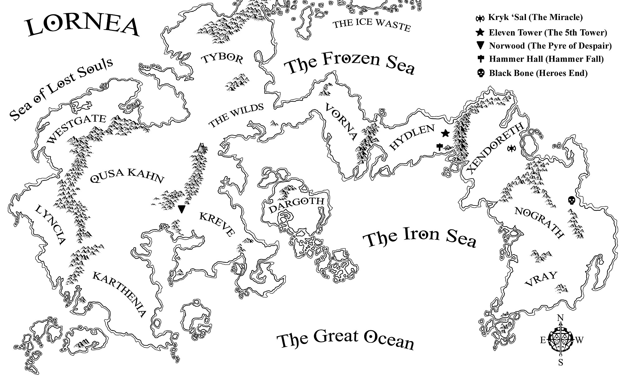 Black and white book map of Lornea with keyed locations