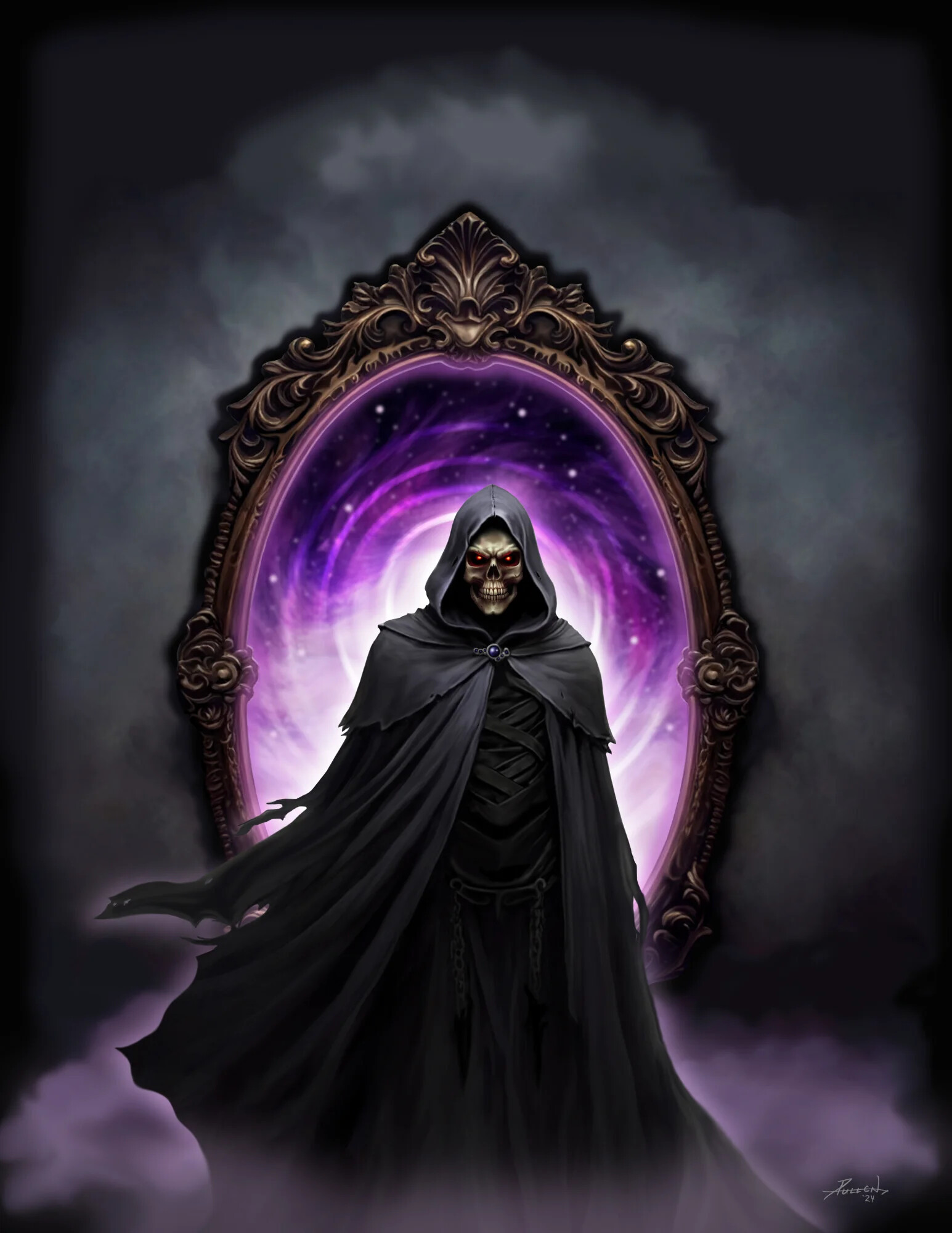 Terror at Murkwell: a hooded skeletal figure steps from an ornate mirror portal