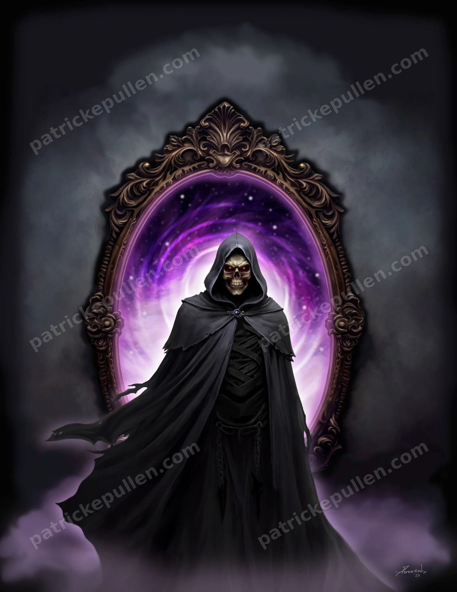 Terror at Murkwell: a hooded skeletal figure steps from an ornate mirror portal