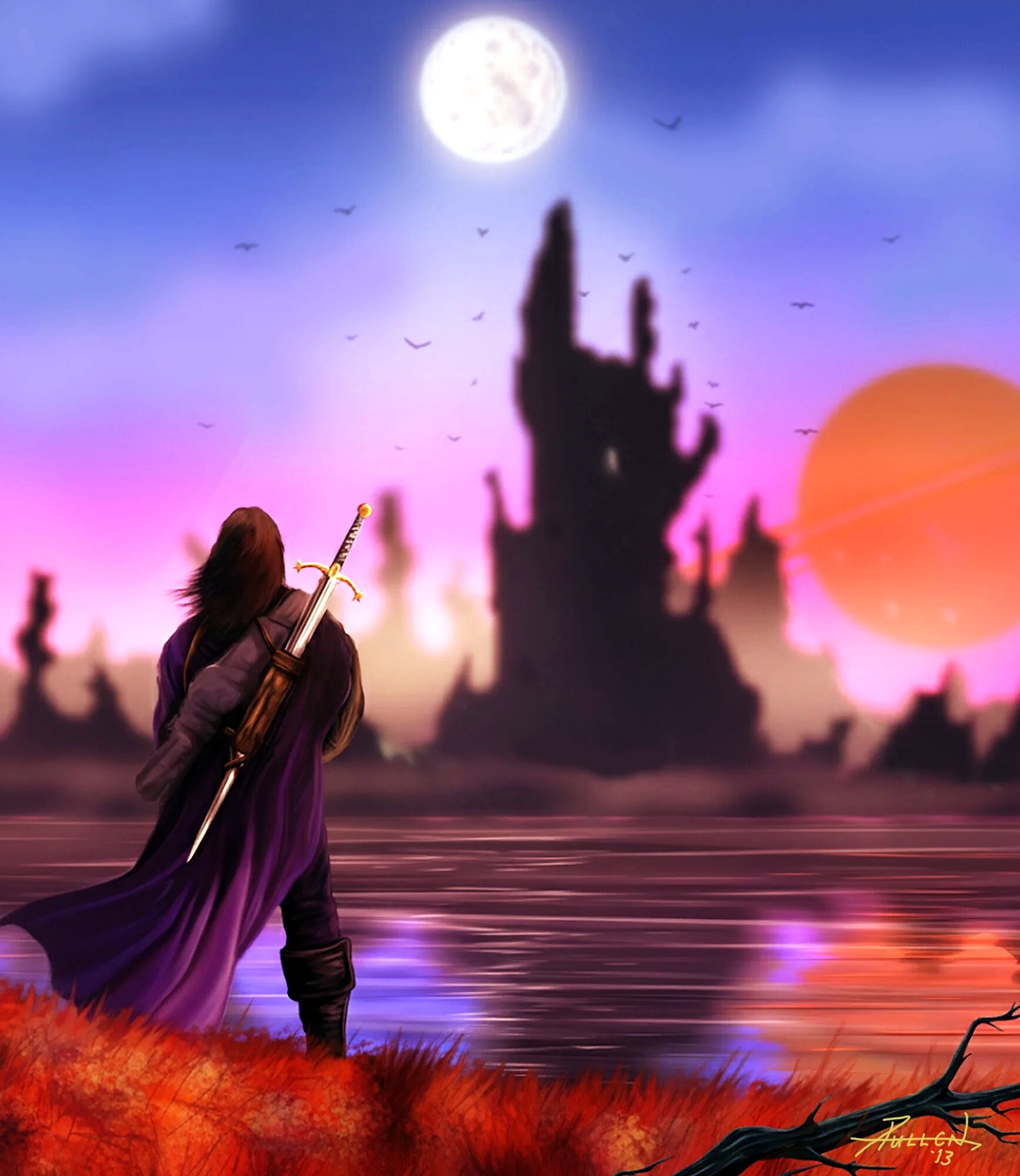 The Crossing: a cloaked swordsman faces a ruined spire across a moonlit lake